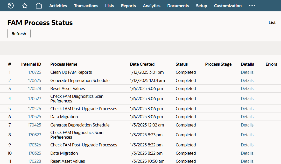 FAM Process Status page