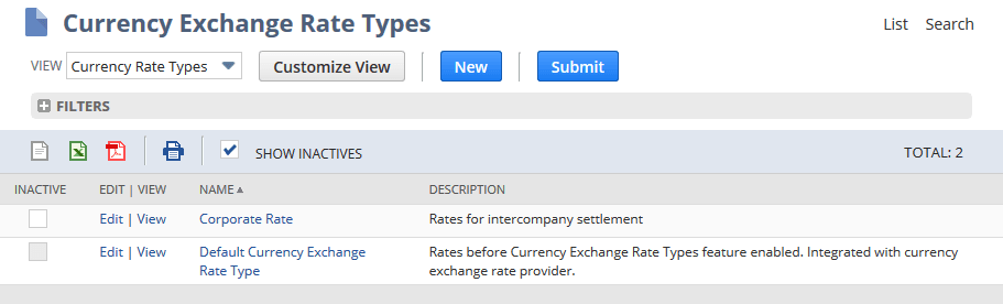 Screenshot of Currency Exchange Rate Types list page