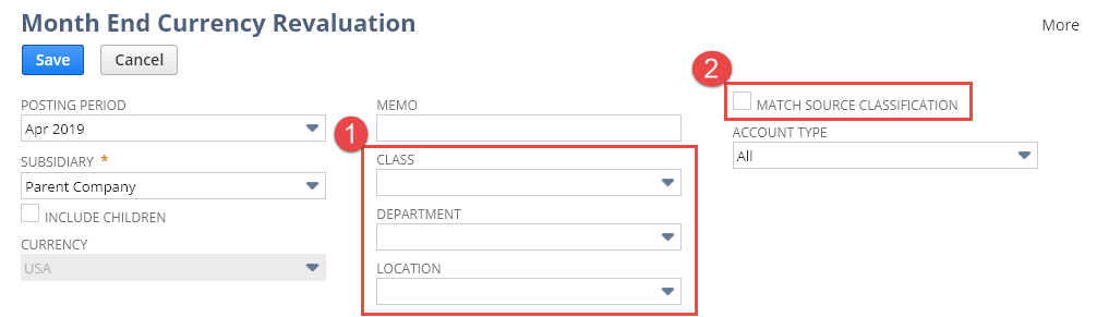 Screenshot of Month End Currency Revaluation page with callouts for classification filters and Match Source Classifications box