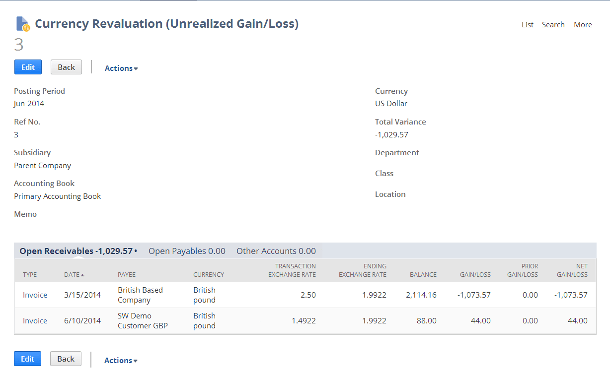 Screenshot of Currency Revaluation (Unrealized Gain/Loss) page showing Open Receivables subtab