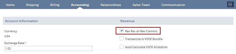 Screenshot of the Accounting subtab of a sales order with the Rev Rec on Rev Commit. box checked and outlined in red