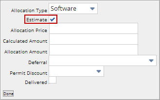 Screenshot of VSOE Allocation field group with Estimate box checked