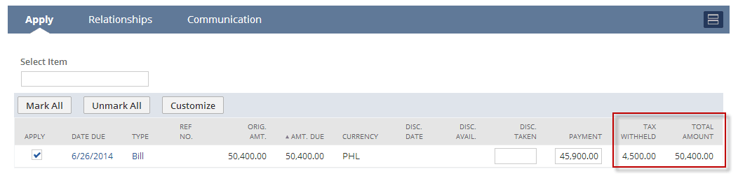 Screenshot of the Tax Withheld and Total Amount columns