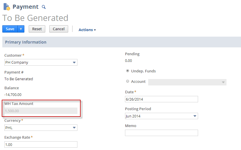 Screenshot of the withholding tax amount on a Payment form