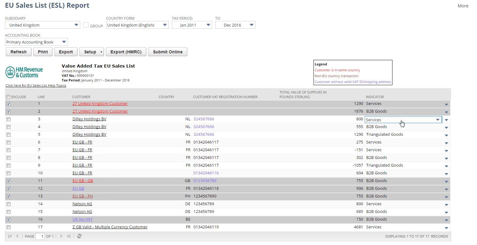 Screenshot of EU Sales List Report