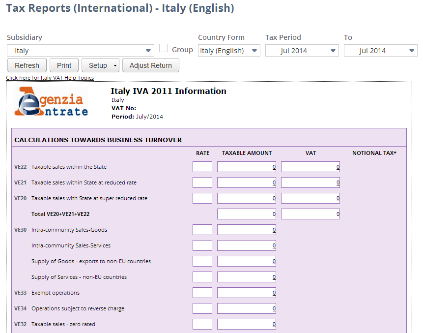 Screenshot of Italy VAT report