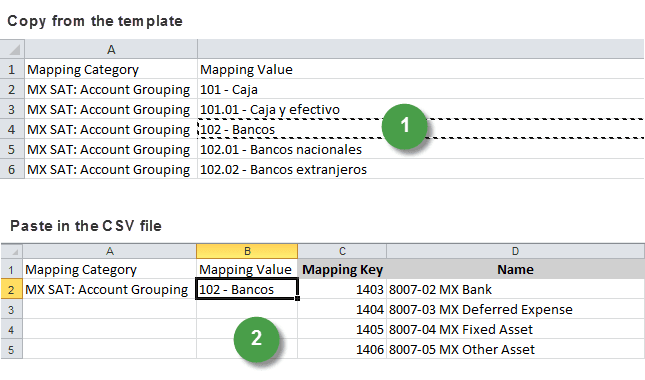 Example of copying the SAT group code value from the downloaded template to the Mapping Value column of the CSV file