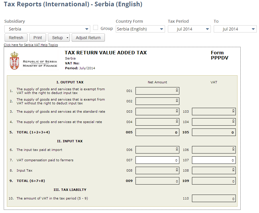Screenshot of Serbia VAT Report