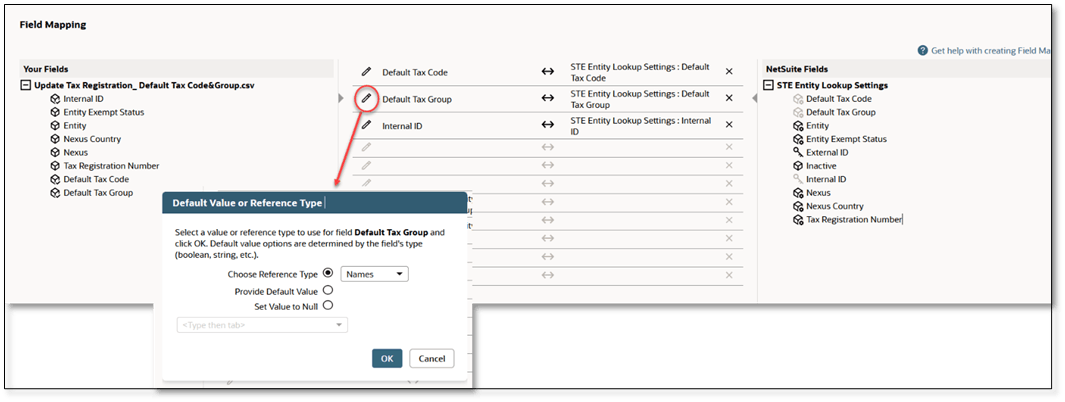 Field mapping default tax code or tax group as CSV
