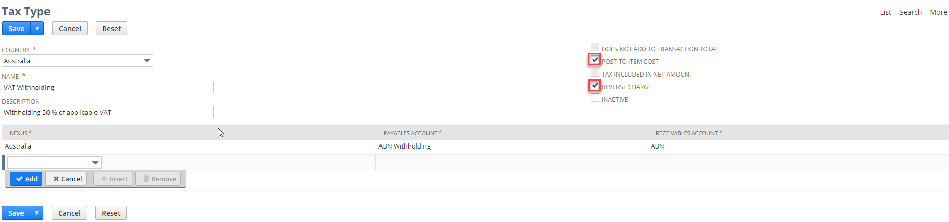 Screenshot of nonclaimable and nonreversible tax types