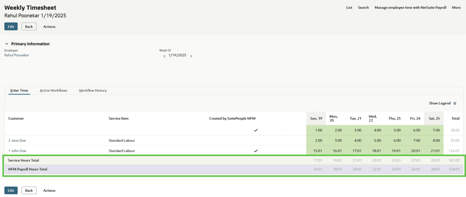 An example weekly timesheet with WFM and FSM hours.
