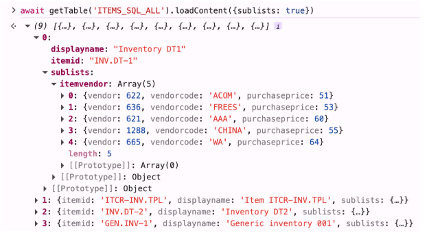Table data organized by sublist for the getTable().loadContent() function with sublist parameter set to true.