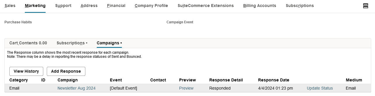 Customer record with campaign displayed on Campaigns subtab.