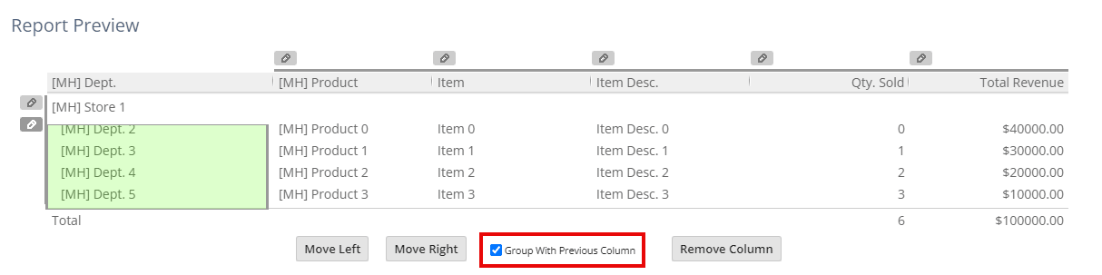 Group With Previous Column box in the Report Preview.