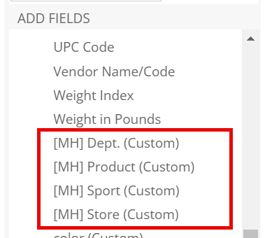 Add fields to the correct custom merchandise hierarchy fields.