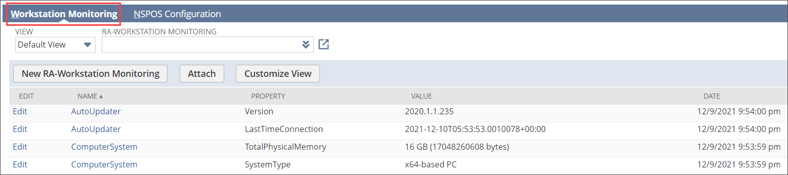 Workstation monitoring subtab in NetSuite