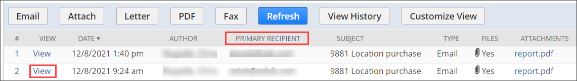 Primary Recipient column and View link