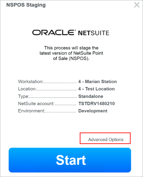 staging appllication with Advanced Options highlighted