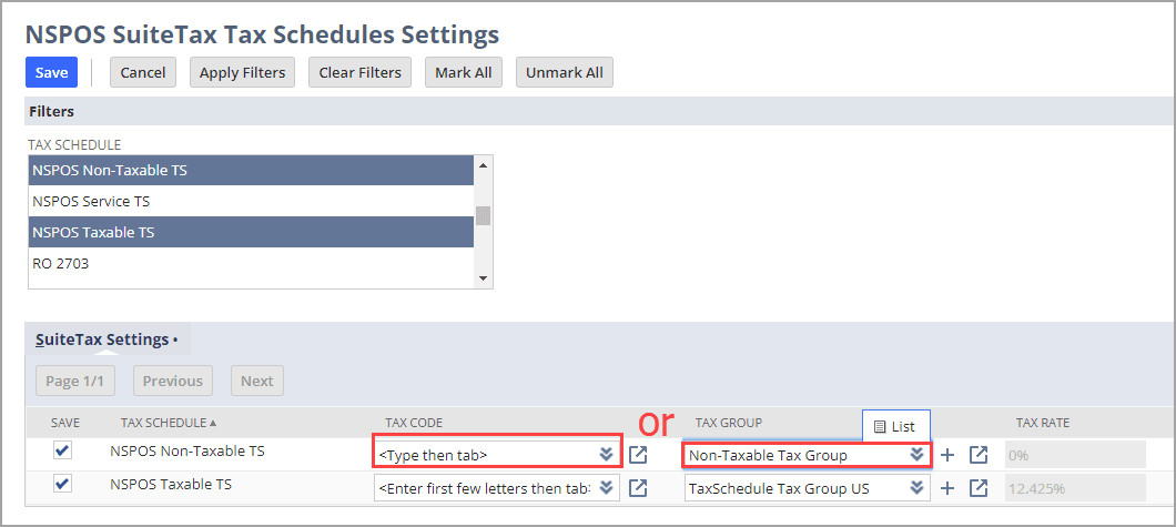 Tax schedule settings