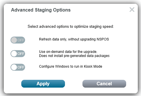 Advanced Staging Options window, displayed the Configure Windows to run in Kiosk Mode option