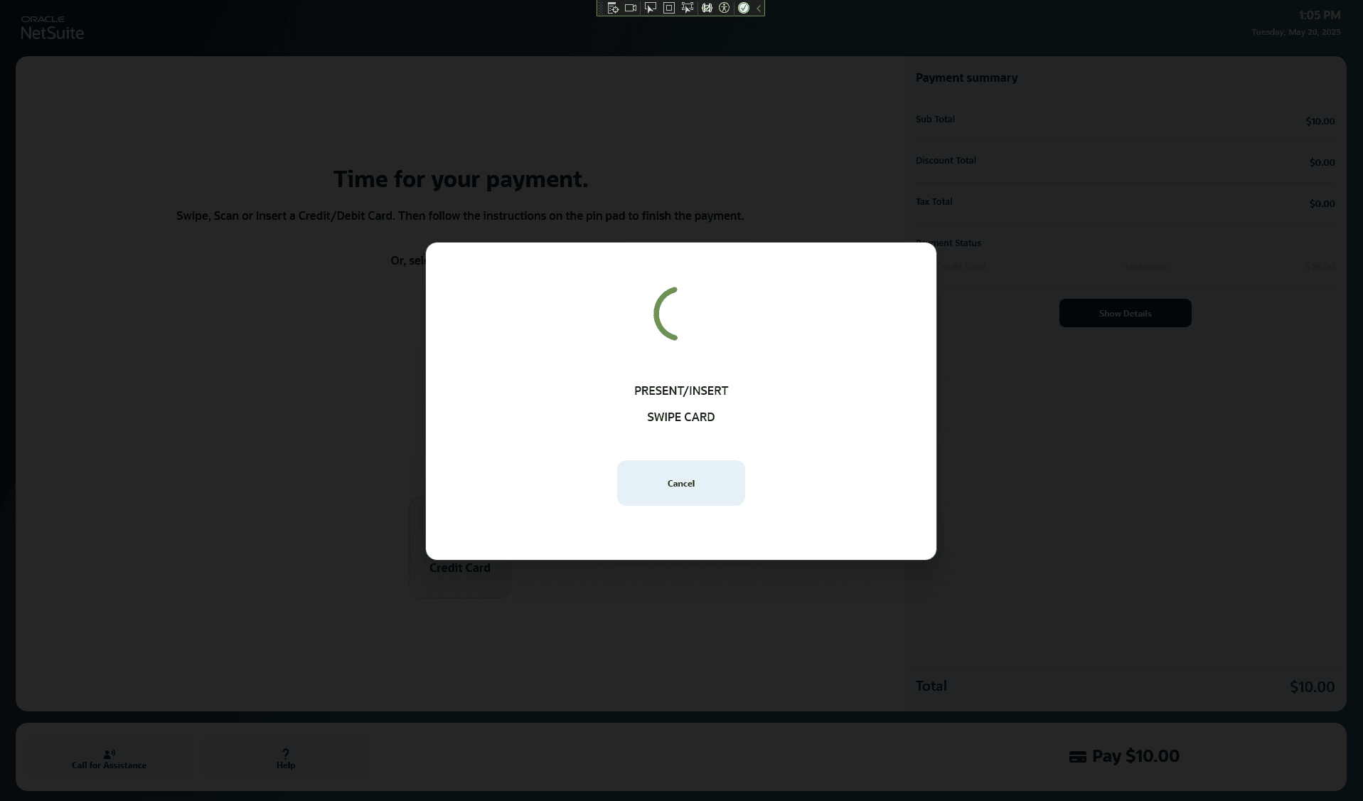 Online screen when waiting for card to be swiped in Kiosk