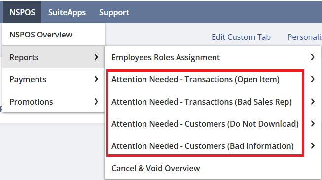 NSPOS reports menu