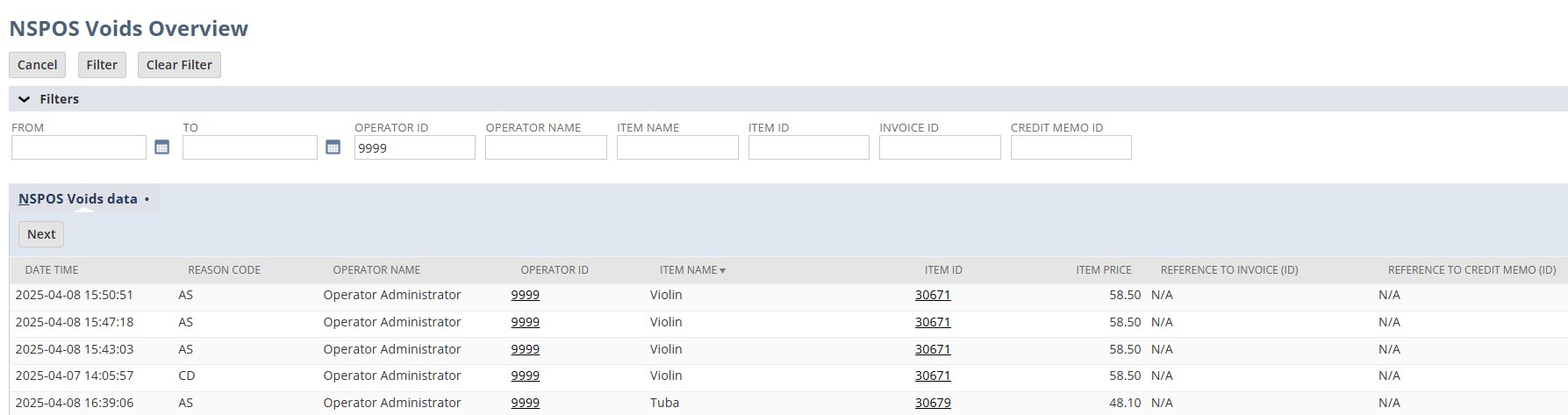 Overview of voided lines or whole transactions from NSPOS terminals