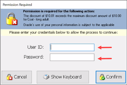 Manager login prompt to approve discount.