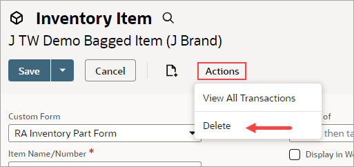 Delete button on Item record.