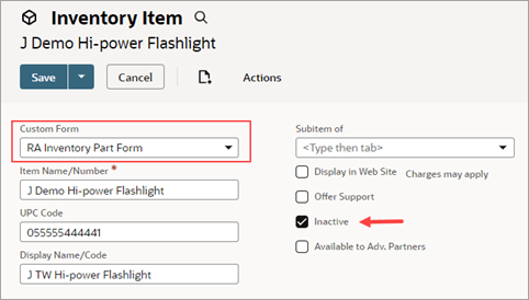Inactive box on RA Inventory Part Form.
