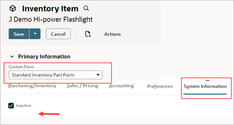 Inactive box on Standard Inventory Part Form.