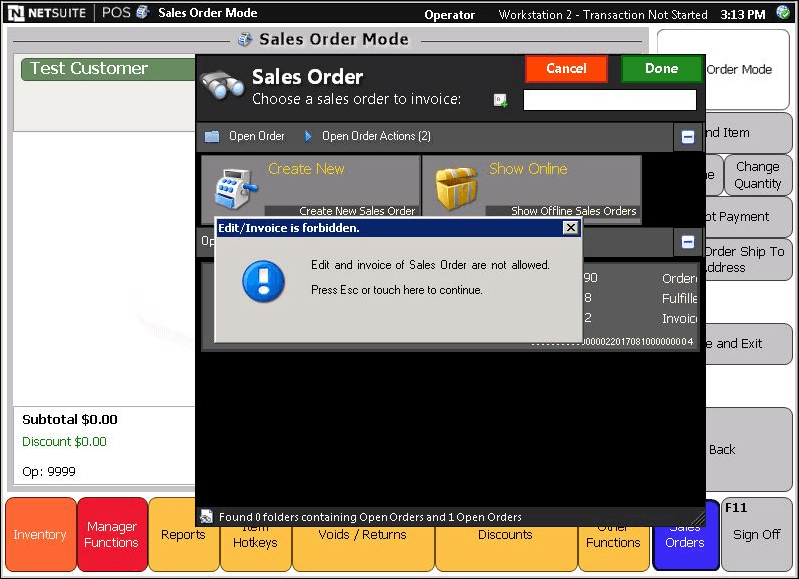 Journal with message "Edit and invoice of Sales Order are not allowed."