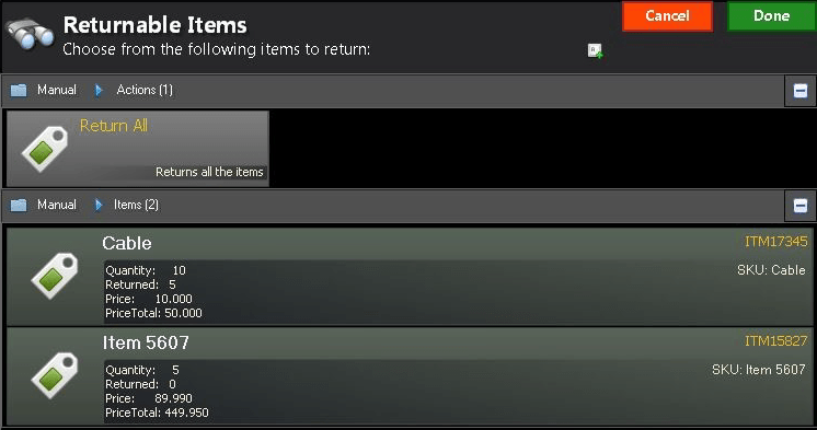 Returnable Items list.