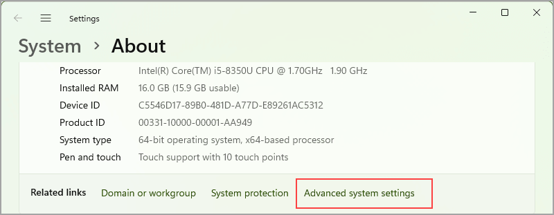 Advanced system settings tab