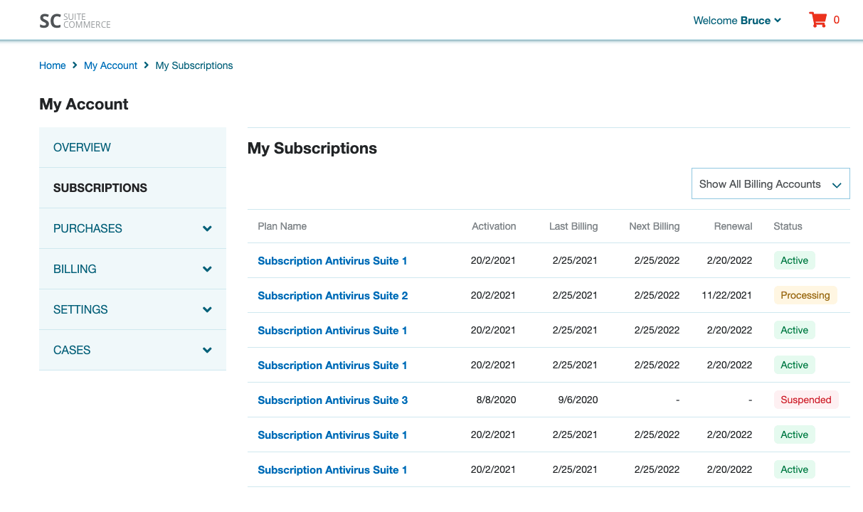 Example of the My Subscriptions page.