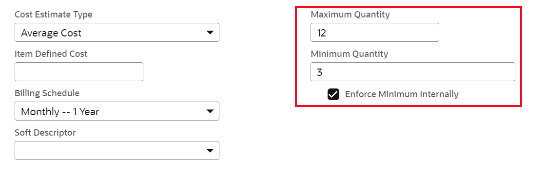 Maximum Quantity, Minimum Quantity, and Enforce Internally fields on the Sales/Pricing subtab