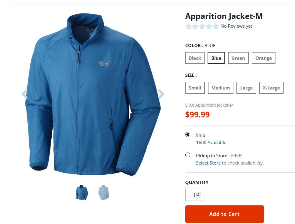 Product details page with blue item option selected.