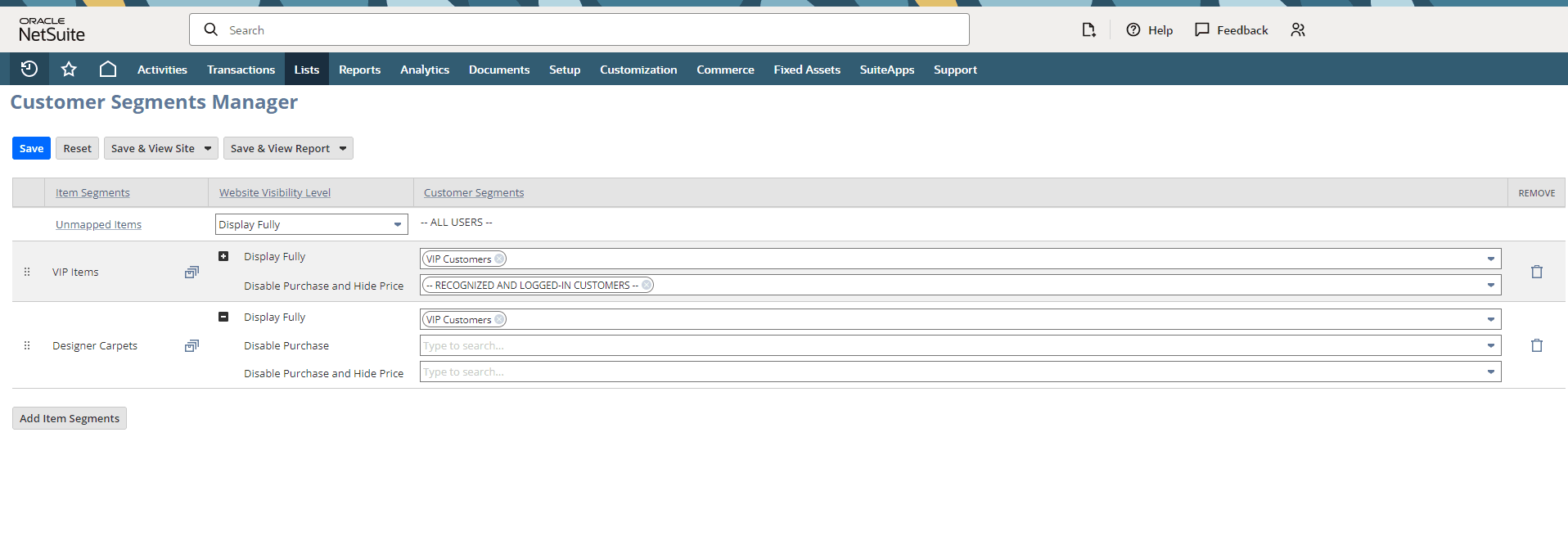 Customer segments manager interface.
