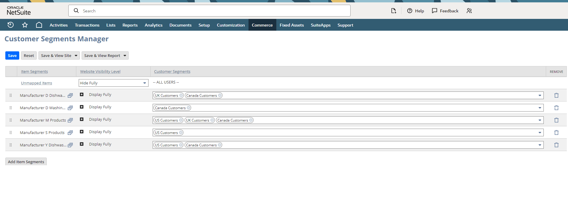 Customer segments manager interface.