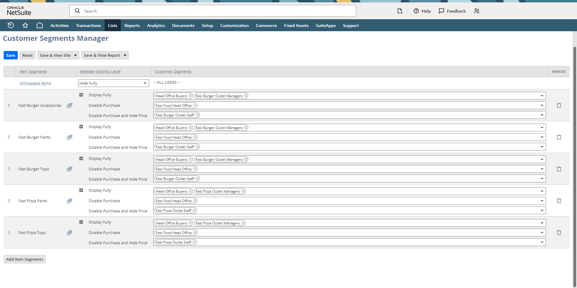 Customer segments manager interface.