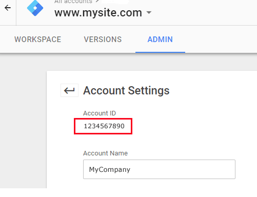GTM Account Settings, Account ID example.