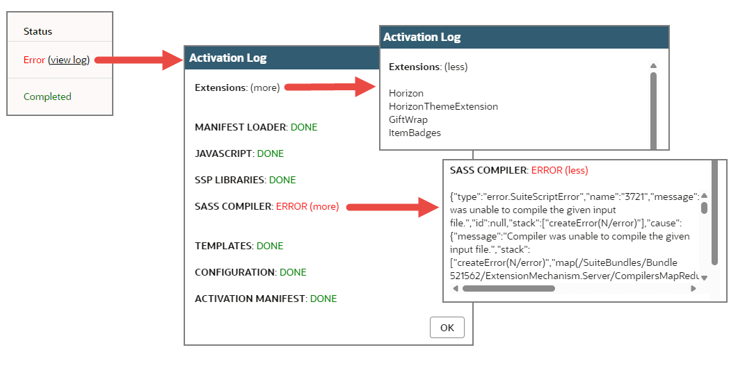 Shows how to click the links you need to access the error log.