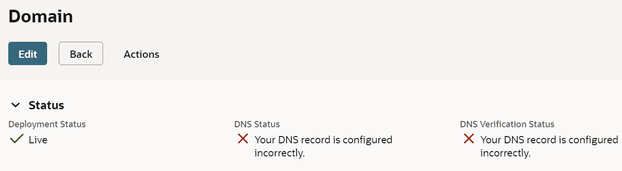 Example of incorrect DNS configuration in Domain record