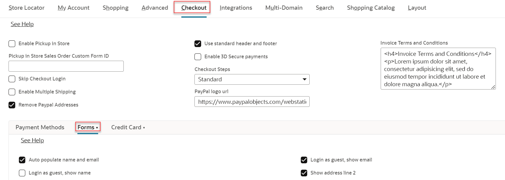 Shows the Forms subtab in the Checkout tab