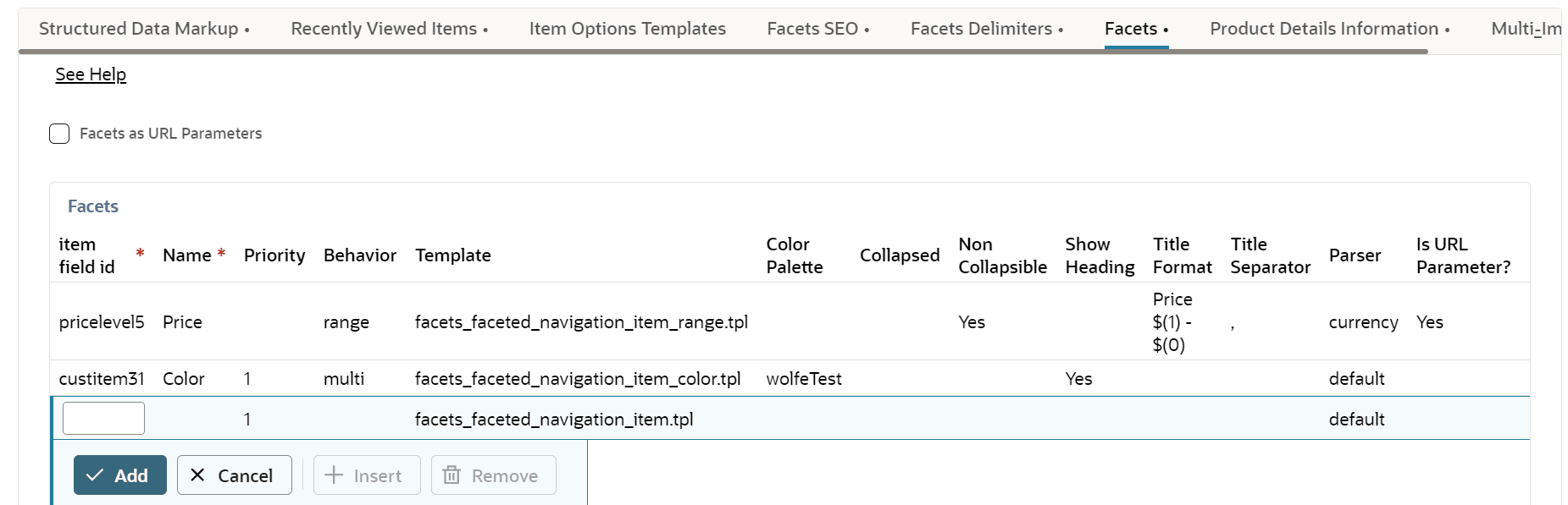 Shows the resulting properties columns for each item in the Facets subtab