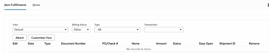 Screenshot of Australia Post Lodged Item Fulfillments columns on the Item Fulfillment subtab