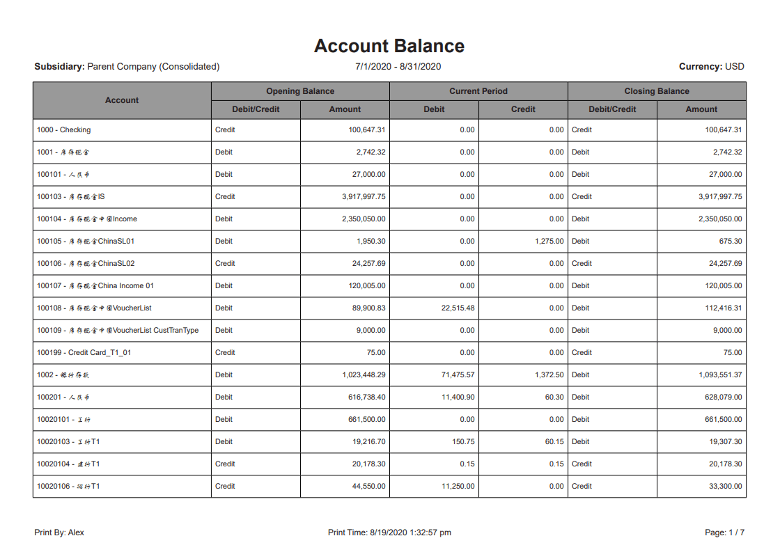 China Account Balance Report Sample
