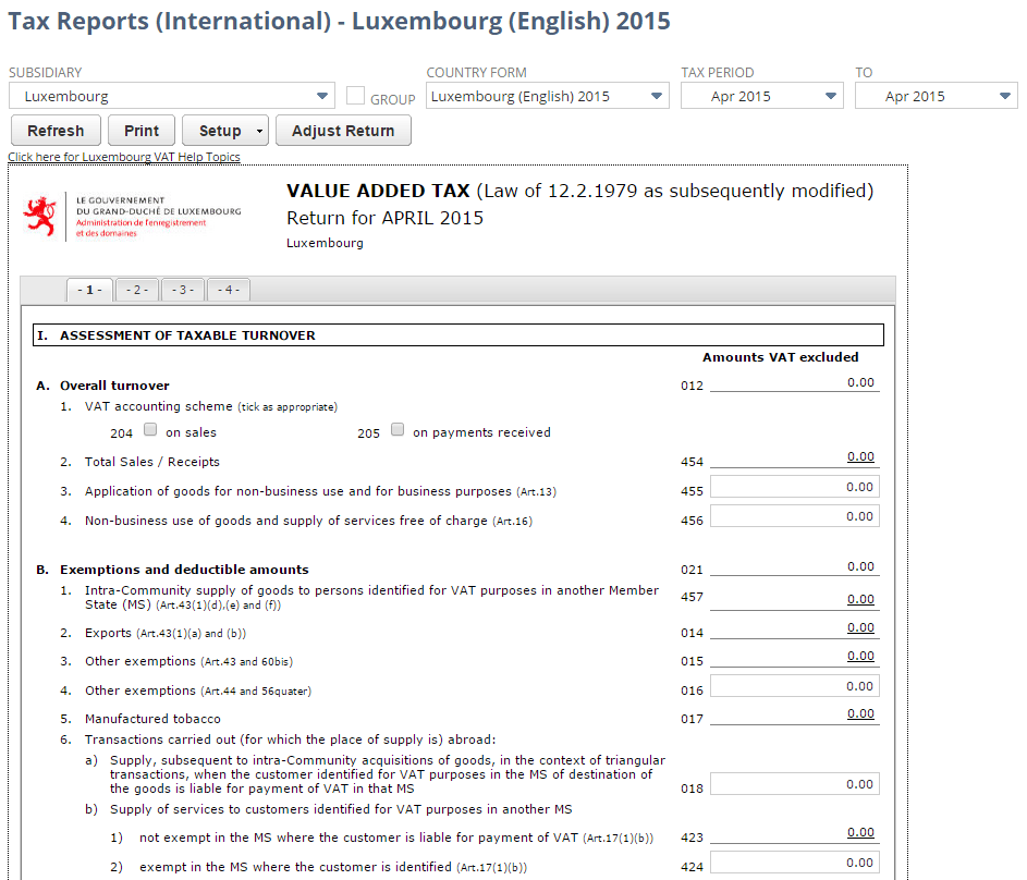 Screenshot of Luxembourg VAT Report