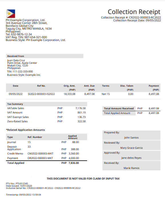 An example of an approved Philippines collection receipt.
