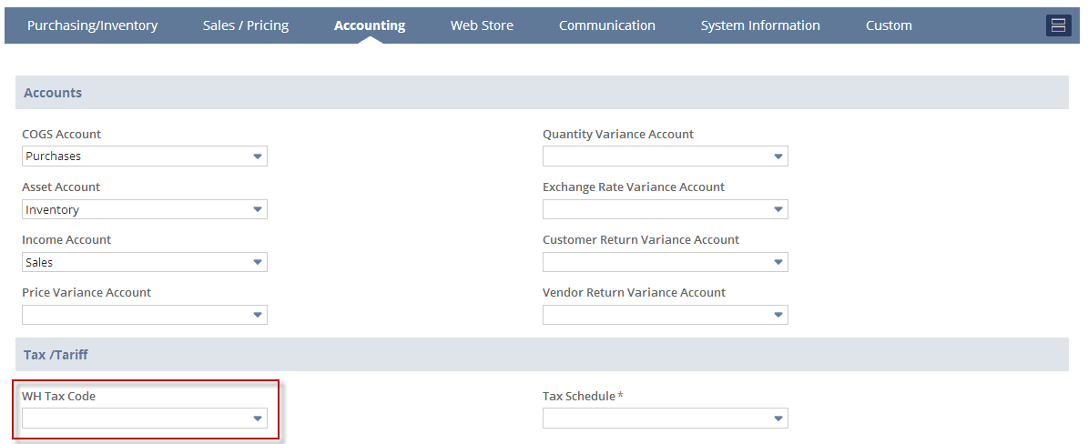 An example of the Withholding Tax Code field on the Accounting subtab of item records.